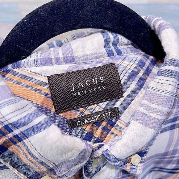 JACHS Plaid Double Cloth Button Down Shirt Orange Blue Cream Cotton Mens Large - Picture 4 of 6